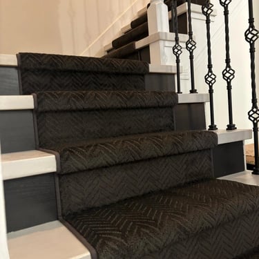 Black herringbone runner carpet installed on staircase with modern look – London ON