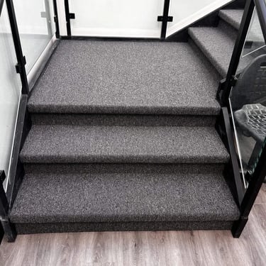 Academy commercial carpet installed on concrete stairs in London Ontario, durable and slip-resistant floor.