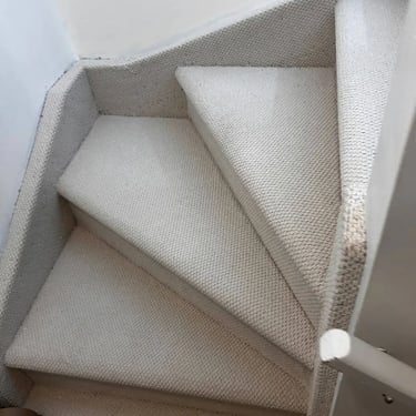 Grey Ace low pile berber carpet installed wall-to-wall on residential stairs in London Ontario home