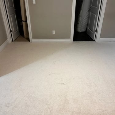 Bedroom with beige low-pile plush carpet installed in Byron, London. Affordable and cozy wall-to-wall carpet solution.