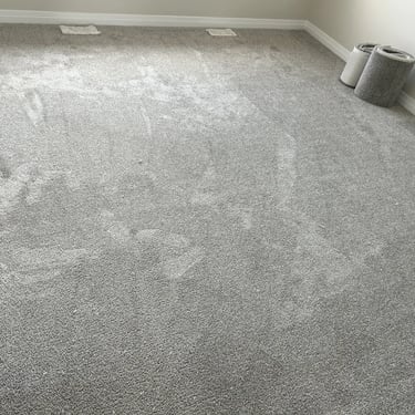 Master bedroom with grey plush carpet installed wall-to-wall in Alymer Ontario residential home, soft and cozy flooring