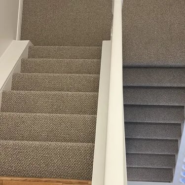Interstellar Berber carpet in Pebble Hill colour installed on a staircase in London, Ontario by Master Carpet
