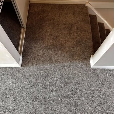 Melford dark grey carpet installed on stairs and landing – low pile finish adds a clean, stylish touch in London, Ontario.
