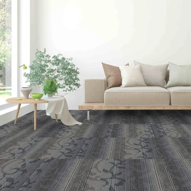 Floro carpet tiles, featuring a striped floral pattern in shades of grey - stylish and durable commercial carpet flooring.
