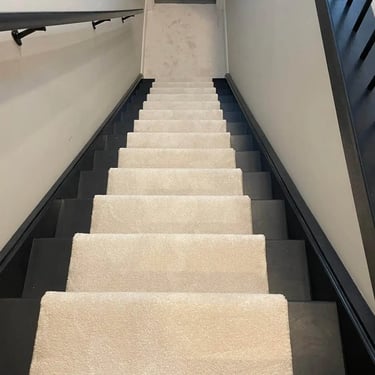 Beige Unity65 thick plush carpet stair runner installed on residential stairs in London Ontario, soft and luxurious flooring