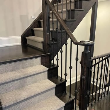 Custom herringbone design carpet stair runner installed on residential stairs in London Ontario, stylish and durable flooring