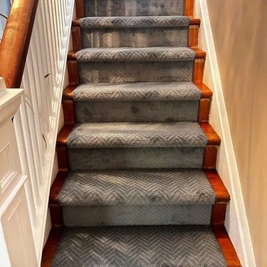 Lisbon blue carpet stair runner installed on residential stairs in Downtown London Ontario home, durable and stylish