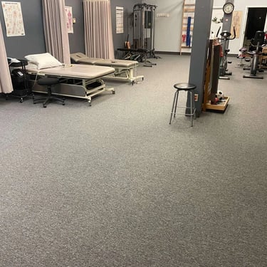 Streaming Aspect commercial carpet installed in rehab gym – durable healthcare carpet, London Ontario.
