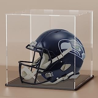 Football helmet inside a clear acrylic display box.