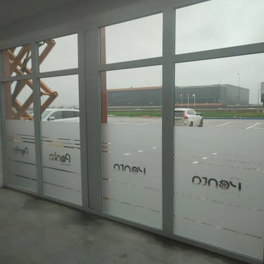 Stiklo durys su dekoratyvinėmis matinės plėvelės juostomis