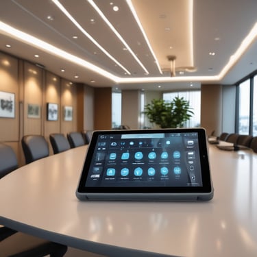 A dimly lit environment with a focus on an illuminated sound mixing console. The console's lights and screens stand out against the dark background, hinting at an audio or concert setup.