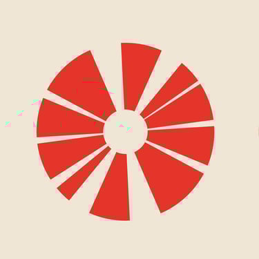 a red and beige icon with a point of impact