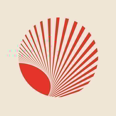 a red and beige icon with a point of pride