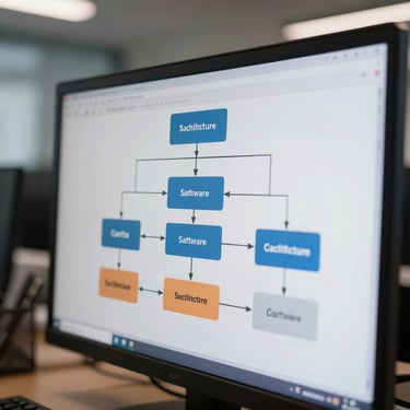 Macro close-up of a clean software architecture diagram on a high-resolution display, cool office lighting, selective focus.