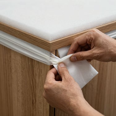 A close-up shot of professional hands double-wrapping the corners of a wooden cabinet with thick protective foam and industrial packing wrap.