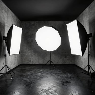 A sleek modern photography studio interior with large softboxes, black concrete floors, minimalist concrete walls, high-contrast professional lighting setup, clean lines