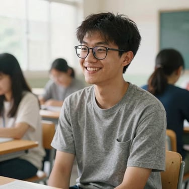 A young man with glasses smiling warmly, sitting in a community center, soft daylight.