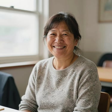 A friendly middle-aged woman with a warm smile, wearing a casual sweater, sitting in a bright room, natural daylight.