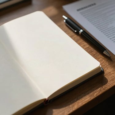 Overhead close-up of a desk surface — a single open notebook, a pen resting diagonally, and one printed document partially visible, controlled north light from a nearby window, no clutter