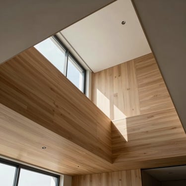 Noroeste apartment interior, high ceilings, clean lines, natural light pouring over minimalist wooden panels