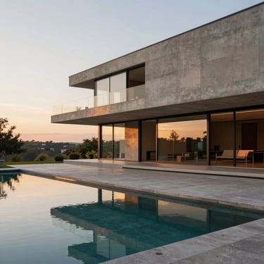 Modernist house facade in Lago Sul, concrete slabs, minimalist pool reflecting warm sunset light, open layout