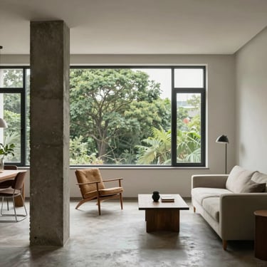 Renovated apartment interior in Asa Sul, visible concrete column, large window showing green treetops, mid-century modern furniture