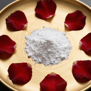 Close-up of crushed red rose petals and white musk powder on a minimalist gold plate, warm golden hour light