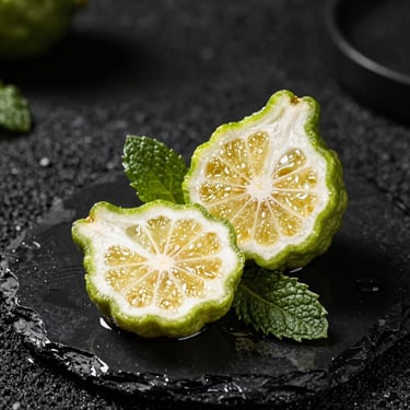 Macro shot of sliced Italian bergamot and mint leaves on wet black volcanic stone, dramatic studio lighting, high contrast