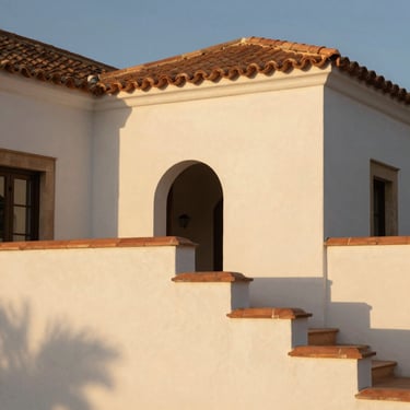 Architectural detail of a luxury villa in the Algarve, white plaster walls, terracotta accents, soft shadows under warm evening sun, 35mm.