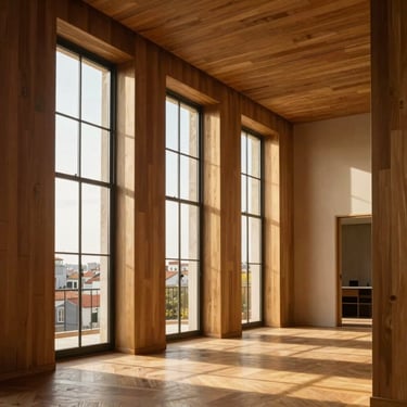 Sun-drenched modern apartment interior in historic Lisbon, high ceilings, natural wood finishes, warm golden-hour light streaming through tall windows, 35mm.