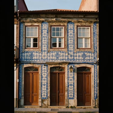 Historic townhouse facade in Porto, traditional blue tiles, vintage wooden doors, soft warm sunset light, architectural framing, 35mm.