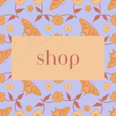 a sign that says shop with a floral pattern