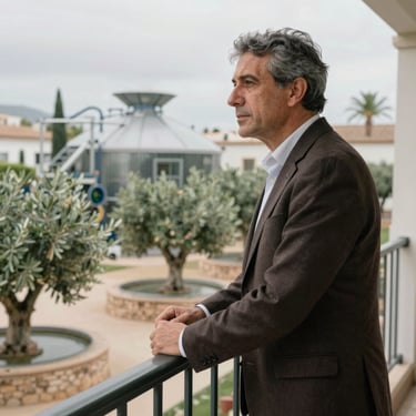 A mature man in a tailored dark brown blazer looking over a balcony at a modern olive processing plant, professional and authoritative tone, Mediterranean / Spanish / Andalusian environment.