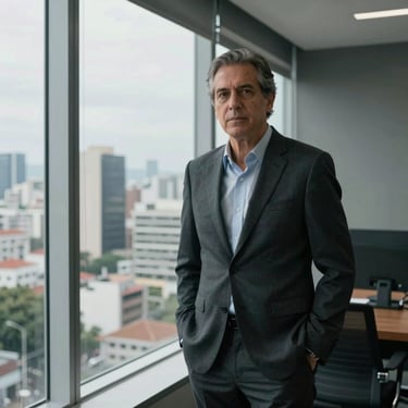 Portrait of a mature business leader standing near a large window in a graphite-toned office. The individual conveys authority and experience, dressed in professional business attire, with a view of a bustling South American commercial district behind.