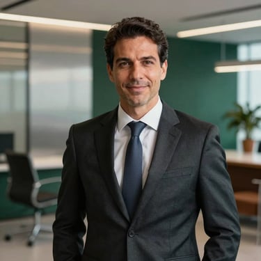 Professional portrait of a corporate executive in a Brazilian office setting, wearing a sophisticated dark suit, looking confident and smiling slightly. The background is softly blurred, showing a modern business lounge with silver and deep green decor.