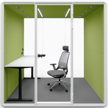 Type G-01: Single office pod with ergonomic chair and wide desk, green acoustic walls