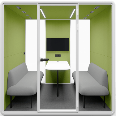 Type G-03: Meeting pod with two sofas, central table, and wall screen, green acoustic walls