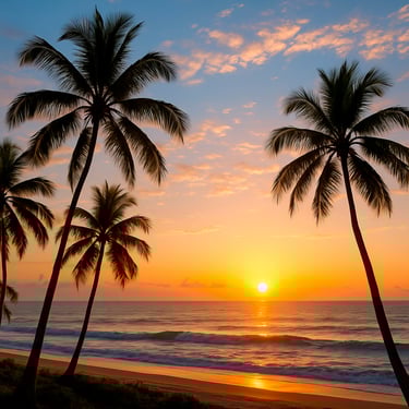 a sunset on a beach with palm trees