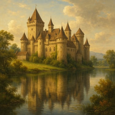 a painting of a castle with a castle like structure