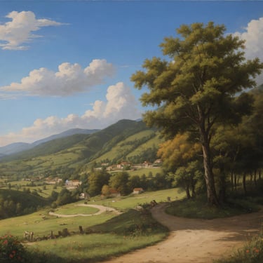 a painting of a country road with a view of a country road