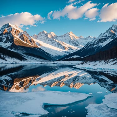 a mountain range with snow covered mountains and a lake