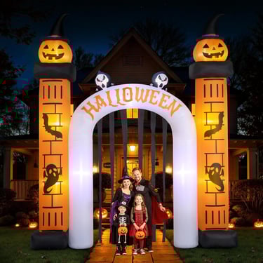12' inflatable pumpkin arch at night