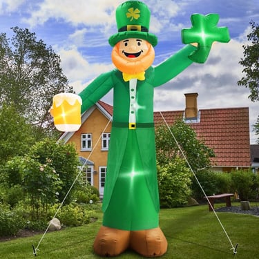 12 Ft St Patricks Day Decorations Inflatable Leprechaun, Blow up Leprechaun Hold Shamrocks Beer Buil