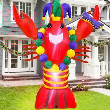 6 Ft Mardi Gras Decoration Inflatable Lobster with Crown Mask Necklace Built-in LED Lights, Purple G