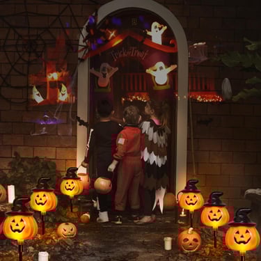 6 Pack Solar Jack O Lantern Stake String Lights - Orange Halloween Pathway Decor