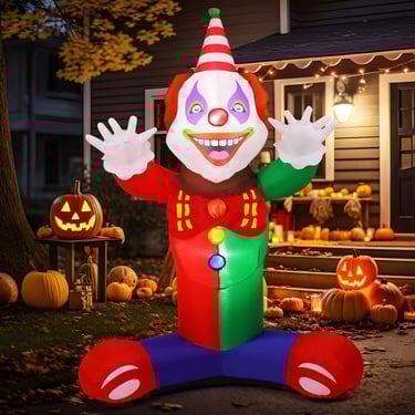 Giant inflatable Halloween clown at night.