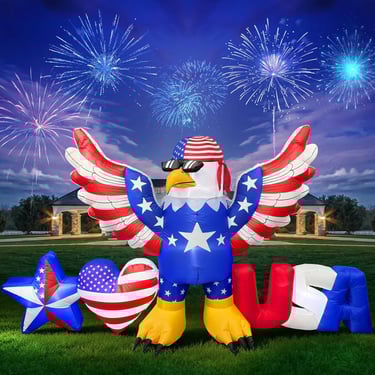 8.2FT Long 4th of July Inflatables Decoration Patriotic Blow up Bald Eagle with LED Lights USA Star