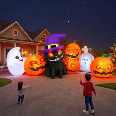 8FT Halloween Inflatable Outdoor Decoration ，Black Cat Pumpkin Inflatable with Built-in LED Lights, 