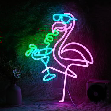 neon lighting pink flamingo with margarita