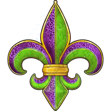 purple, green, and gold Fleur-de-Lis